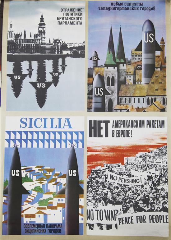 A collection of 11 Soviet Union peace propaganda posters from the 1980s, one duplicate, unframed.